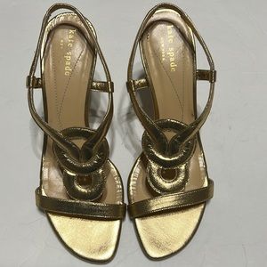 Kate Spade gold strappy open toe and heel slip on high heels, size 7 1/2 B